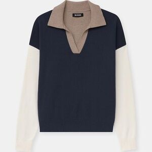 Naadam Cafe Cotton Cashmere Colorblock Polo Sweater - Medium - Indigo